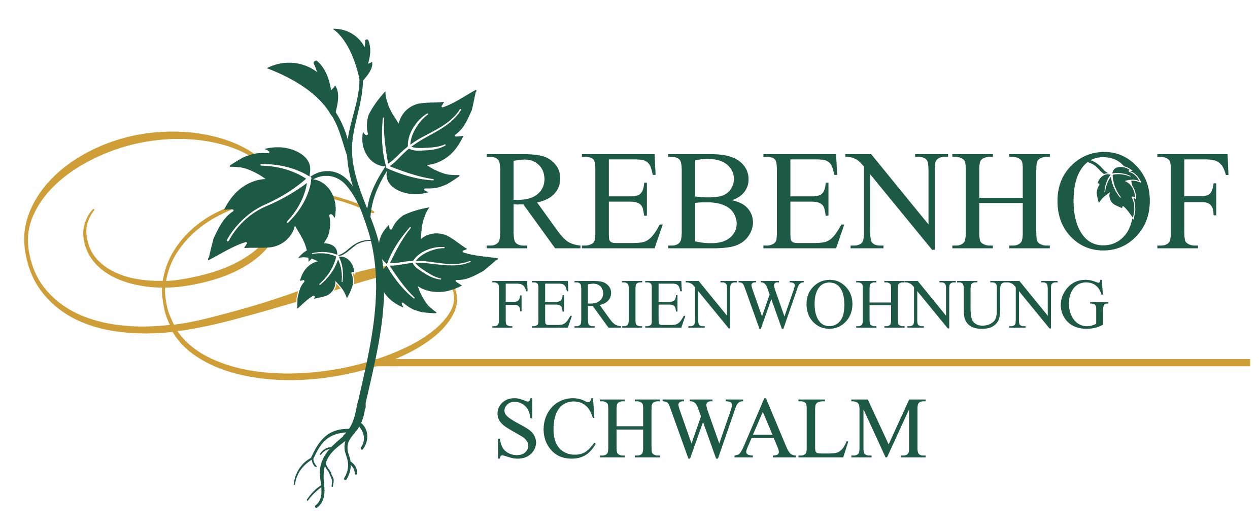 Logo of the Rebenhof with green leaves and the lettering 'Rebenhof Ferienwohnung Schwalm'.