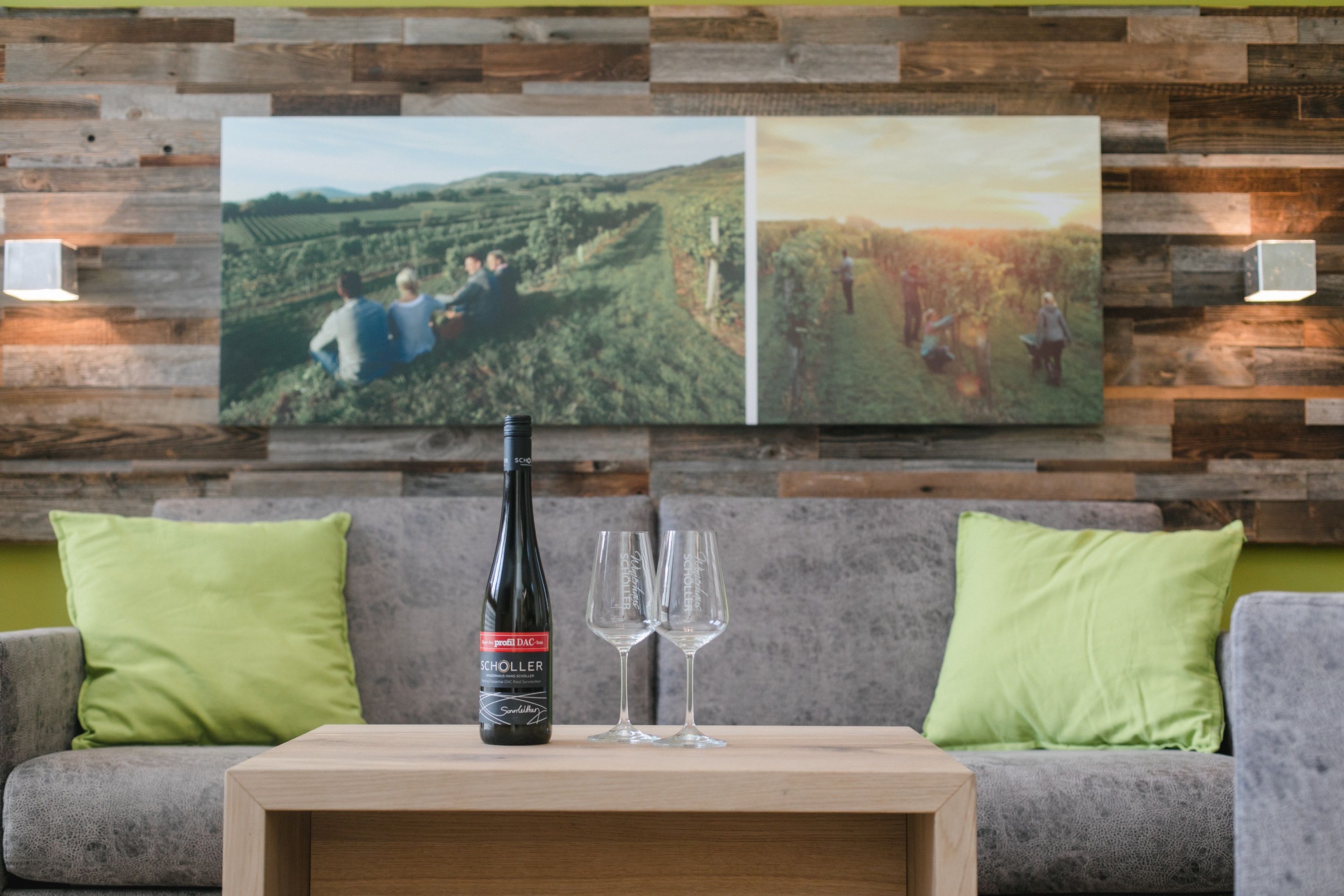 Living room with gray sofa, green cushions, wooden table, wine bottle and glasses, mural with vineyard.