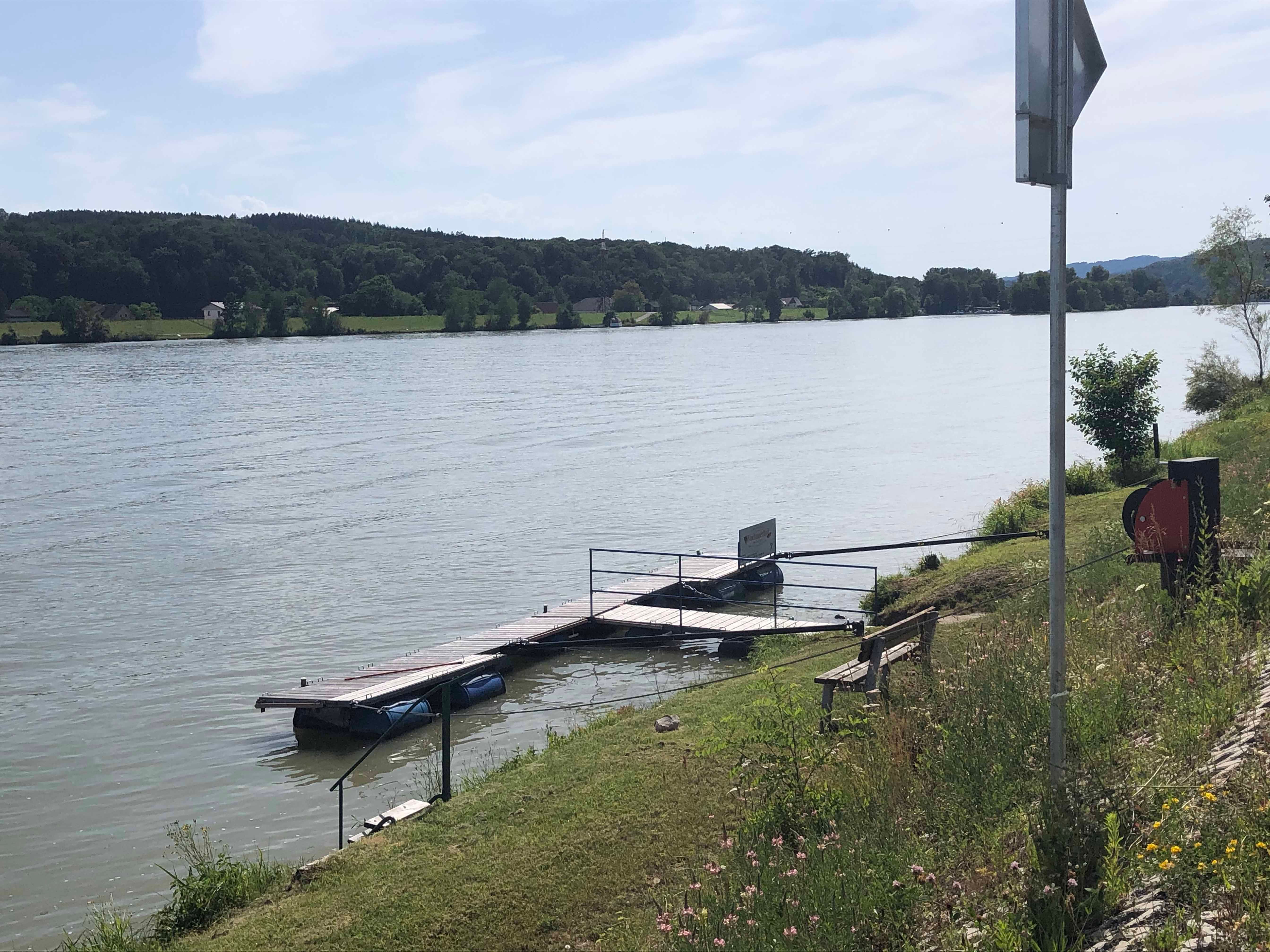 Jetty on the riverbank with bench and vegetation.