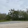 An empty motorhome pitch with a gravel floor, surrounded by trees and a cloudy sky.