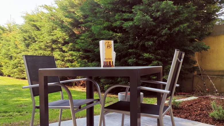 Terrace with table, two chairs and trees in the background.