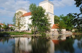 Wolkersdorf Castle with reflection in the water and surrounded by trees.