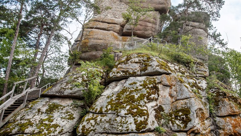 A cyclist leans against a tree stump in front of a high, rocky tower in a wooded area.