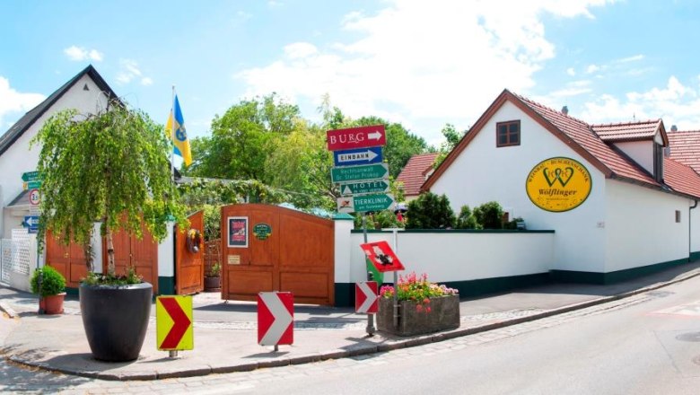 Entrance to the Wölflinger winery with signs and plants.