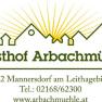 Logo of the Gasthof Arbachmühle with stylized houses and sunbeams.