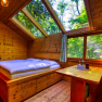 Interior view of a cozy wooden house with bed and table, surrounded by trees.