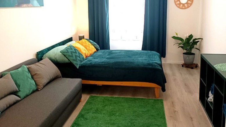 A comfortably furnished bedroom with a bed, sofa, green carpet and plants.