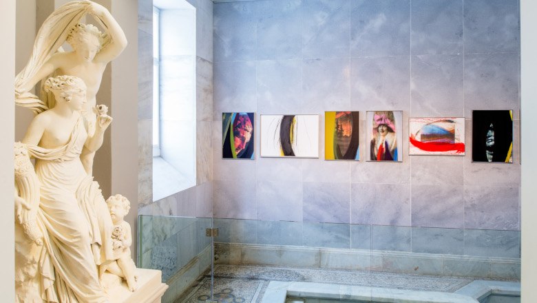 Interior view of the Arnulf Rainer Museum with sculpture and modern art on the wall.