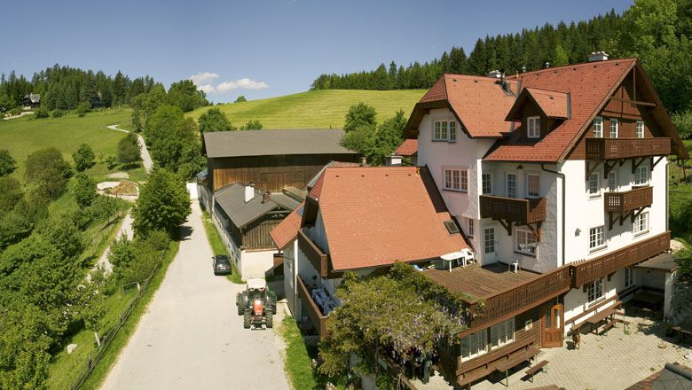 A farm with red roofs in a rural setting, surrounded by green meadows and forests.