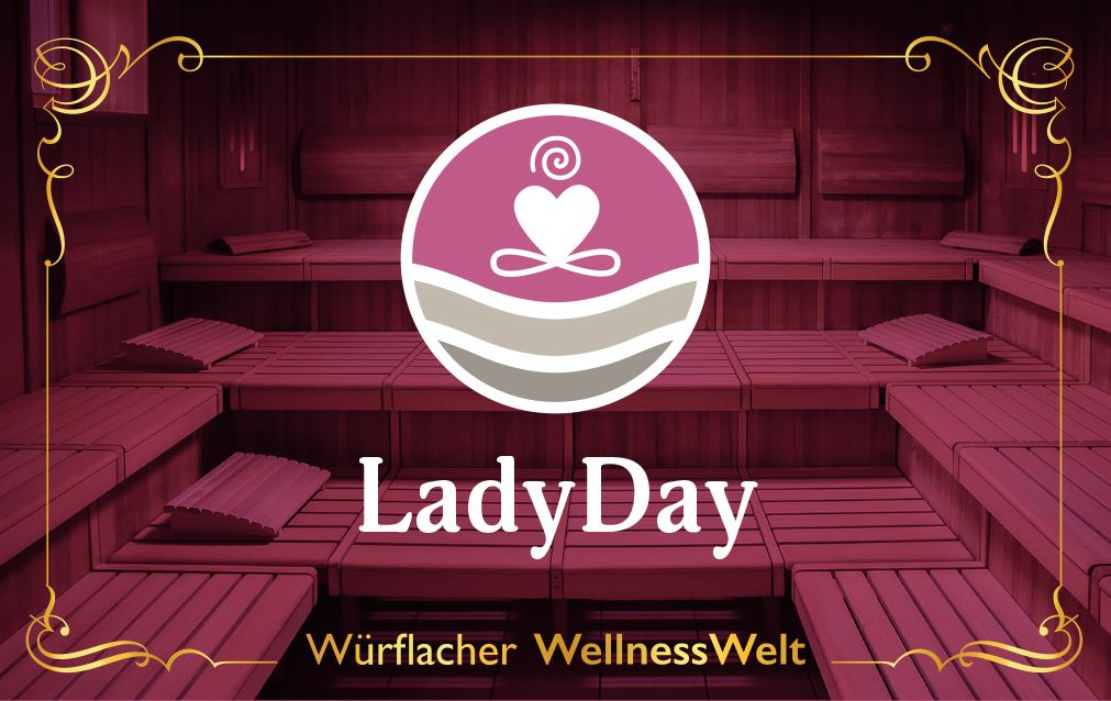 A stylized logo with a figure in a meditation pose on a pink background, surrounded by a sauna. Text: LadyDay, Würflacher WellnessWelt.