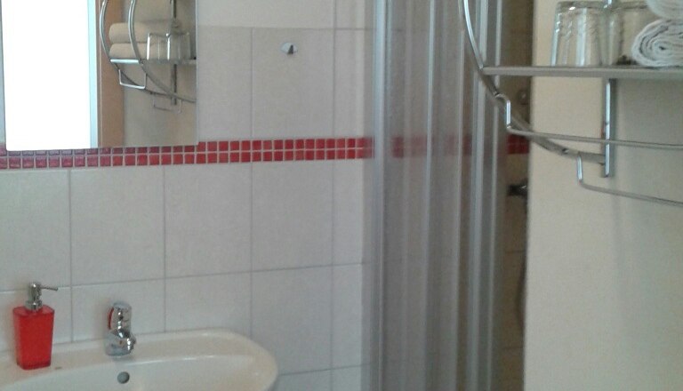 A bathroom with washbasin, mirror, shower and towel rack.