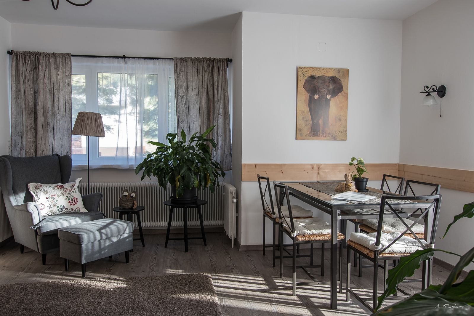 Cozy living room with armchair, table and plants.