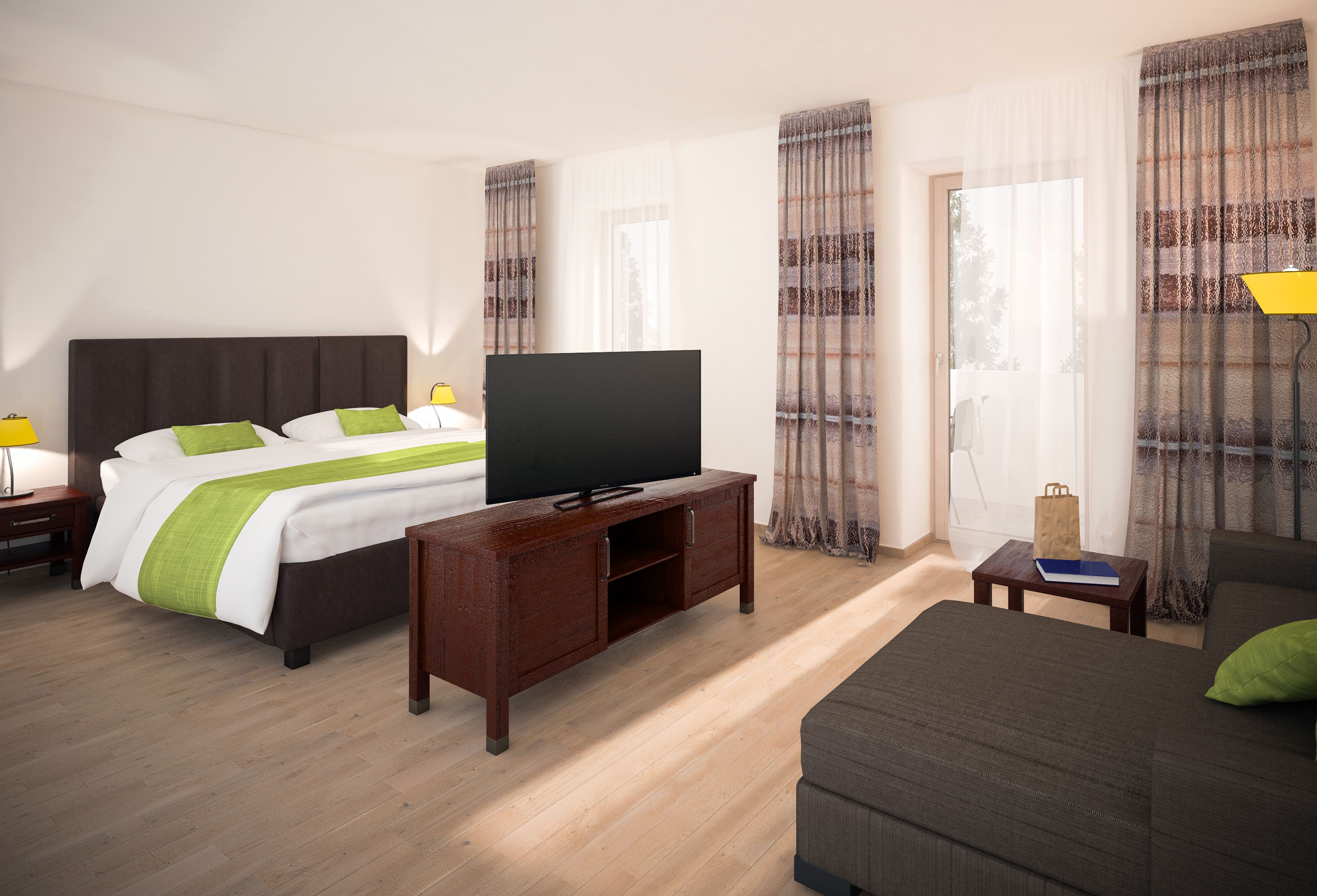 Modern hotel room with double bed, TV and sofa.