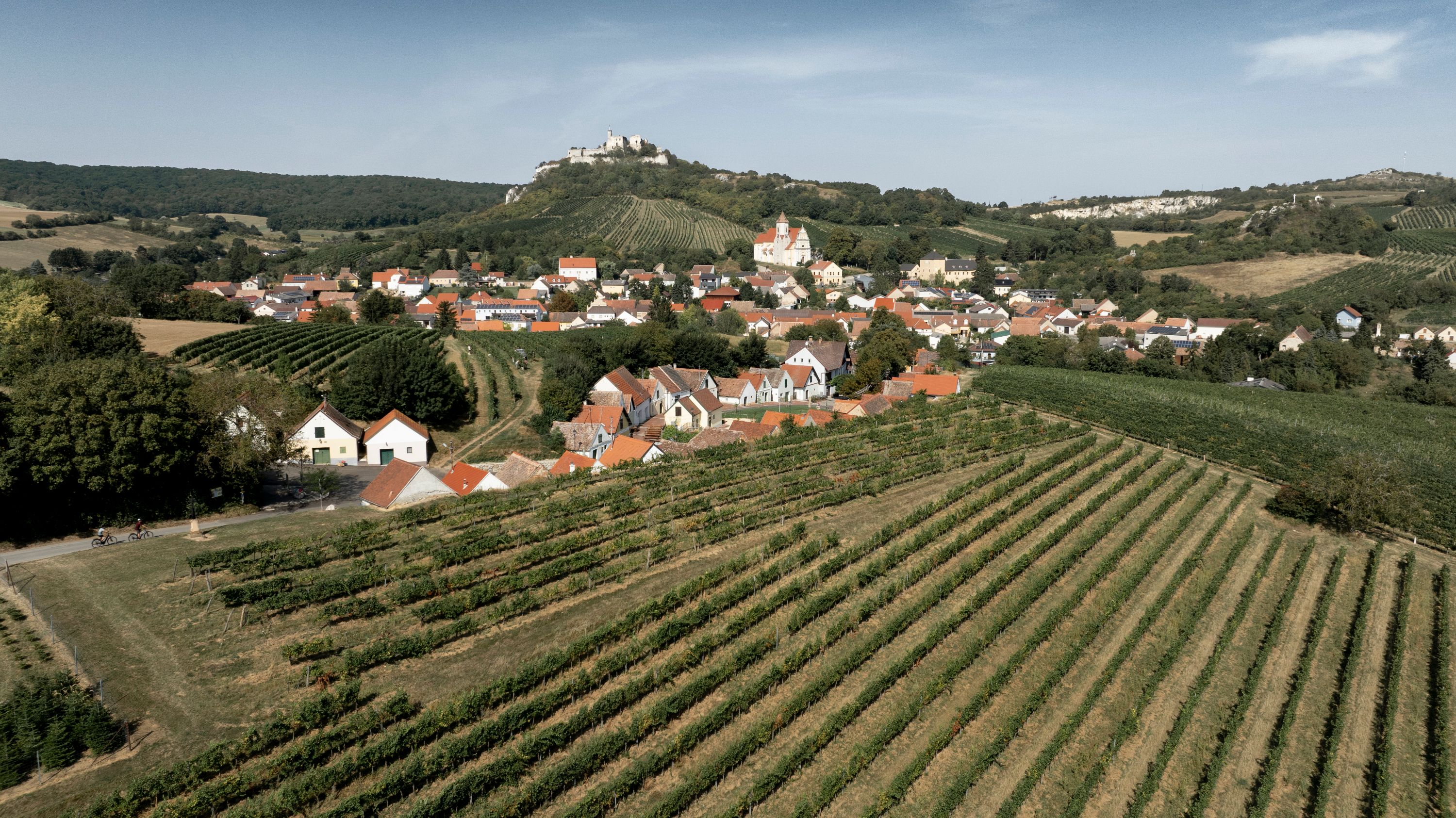 Aerial view of vineyards and a village with the ruins of Falkenstein Castle in the background.