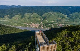 Viewing platform with a view of the river and vineyards in a green landscape.