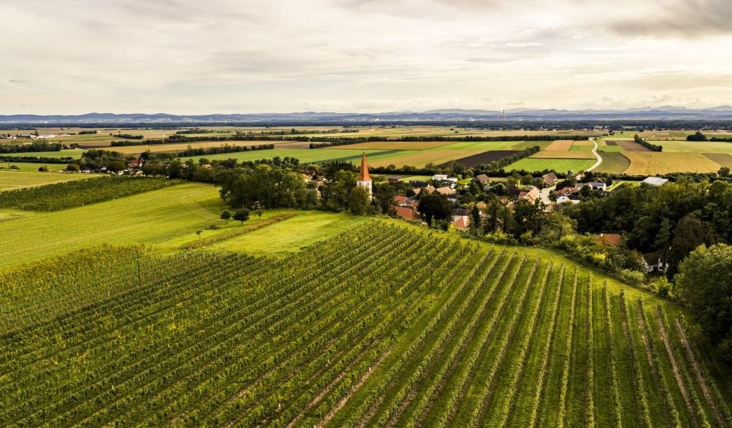 Aerial view of a rural landscape with fields, a village and a church with a red tower.