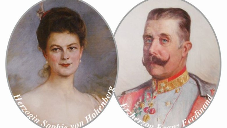 Portraits of Sophie von Hohenberg and Franz Ferdinand.