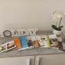 A table with brochures, "HOLIDAY" lettering and a white orchid in a pot.