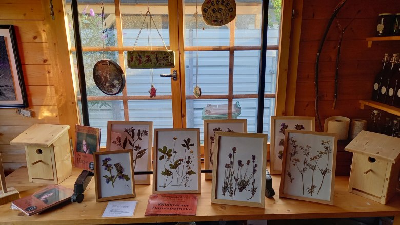 A table in a wooden hut with framed dried plants, birdhouses and jars of herbs.