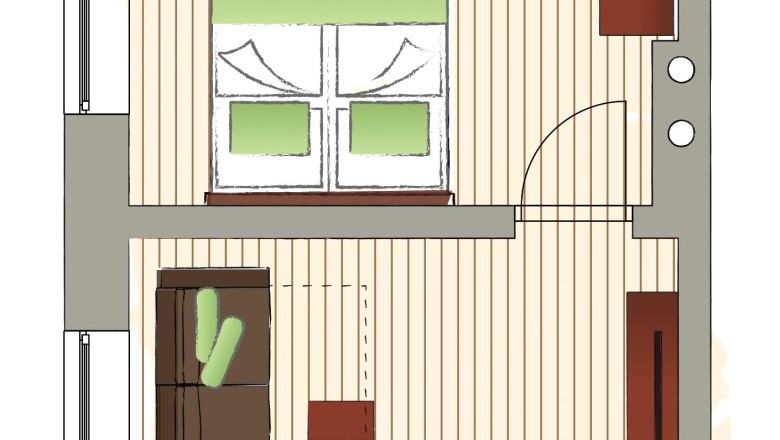 Floor plan of an apartment with kitchen, living room and bathroom.