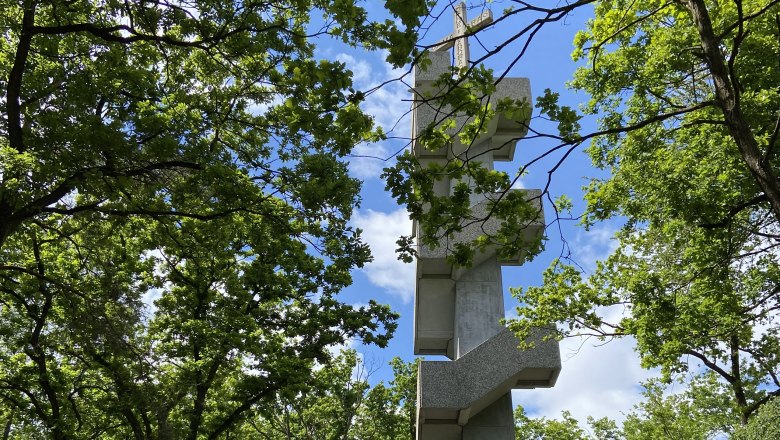 A modern observation tower in a wooded area with a blue sky.