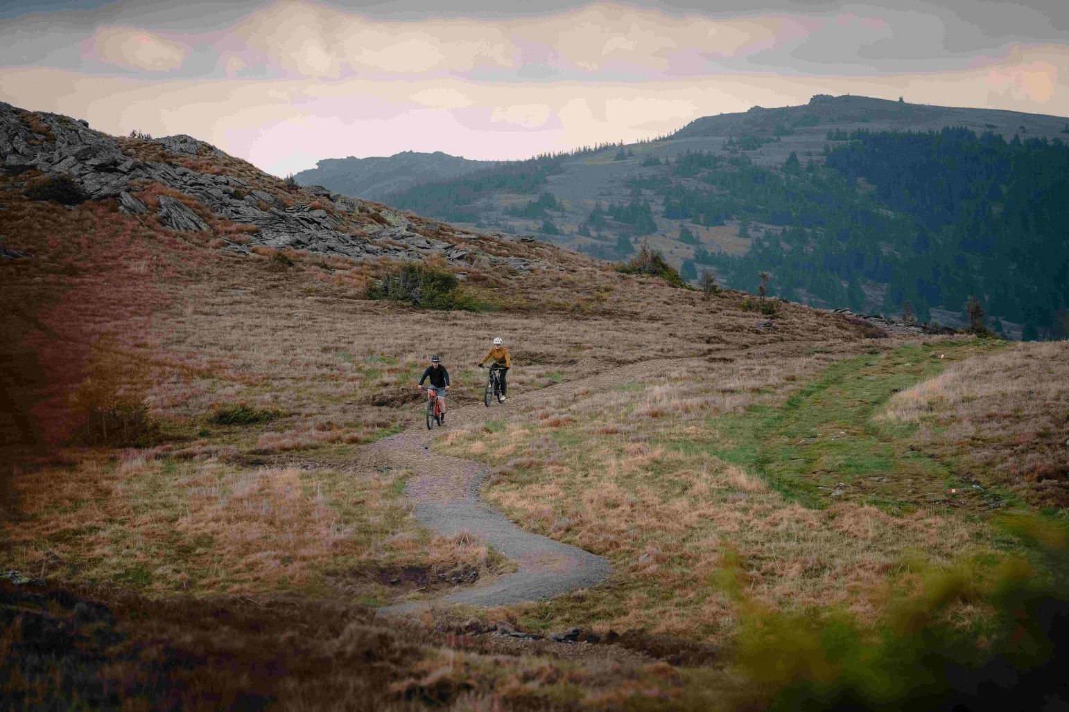 Two mountain bikers ride along a narrow path in a mountainous landscape.