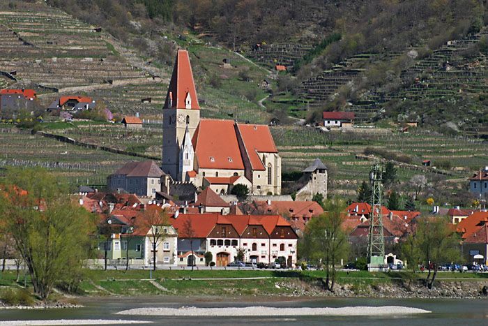 Fortified church in Weißenkirchen in der Wachau with surrounding buildings and vineyards.