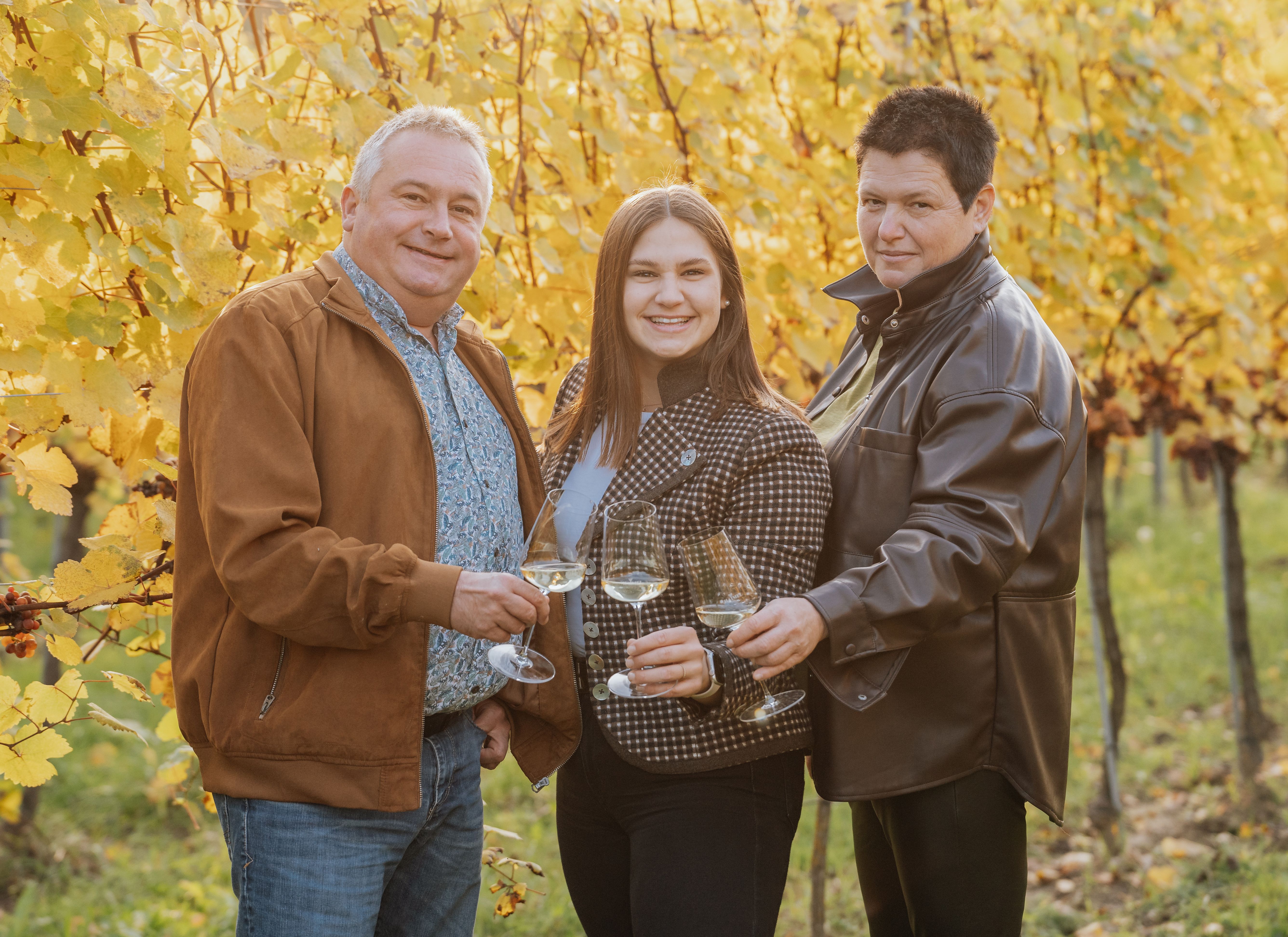 Three people clink glasses in an autumnal vineyard.