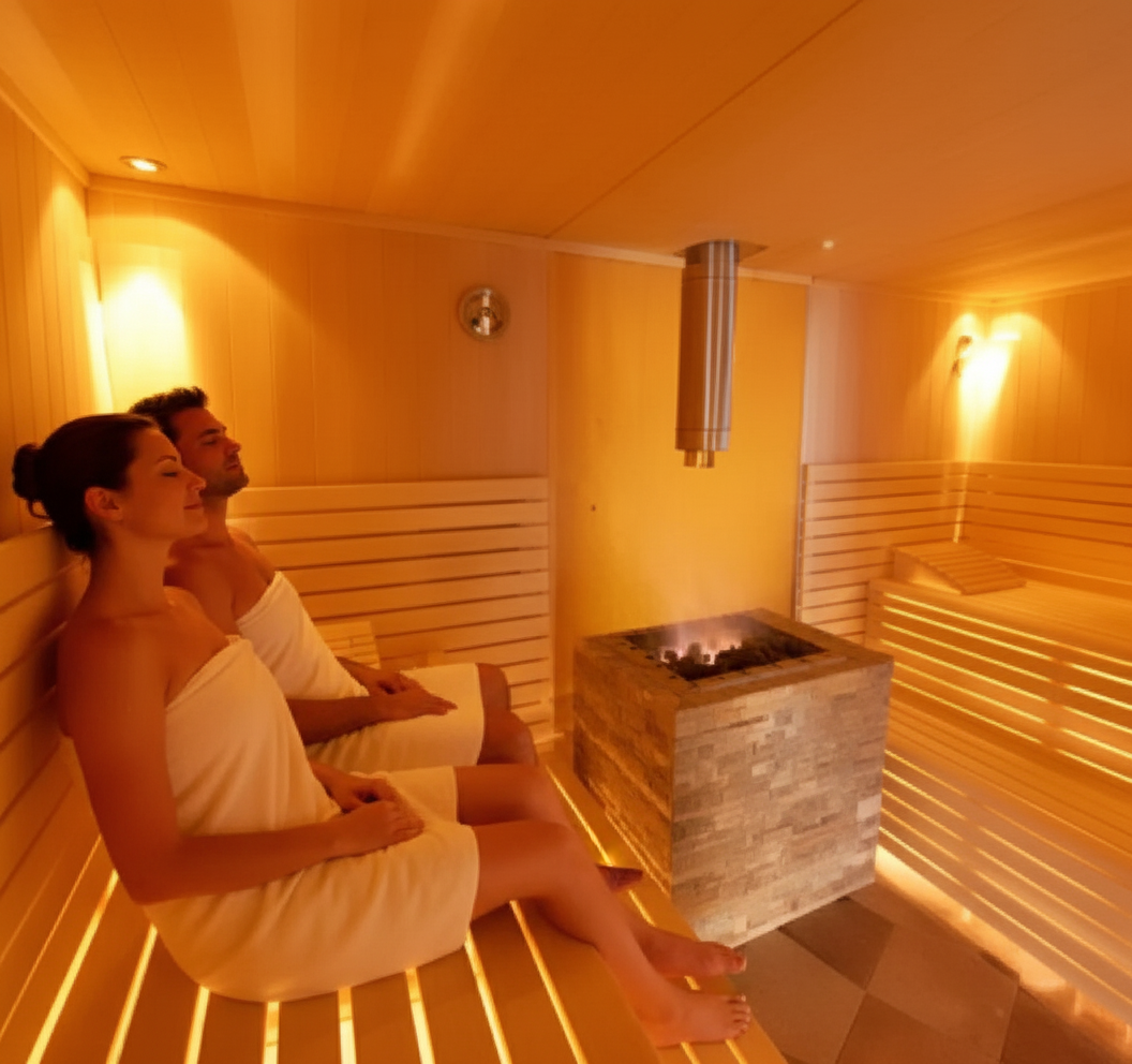 Two people relax in a sauna with wooden benches and a stove in the middle.