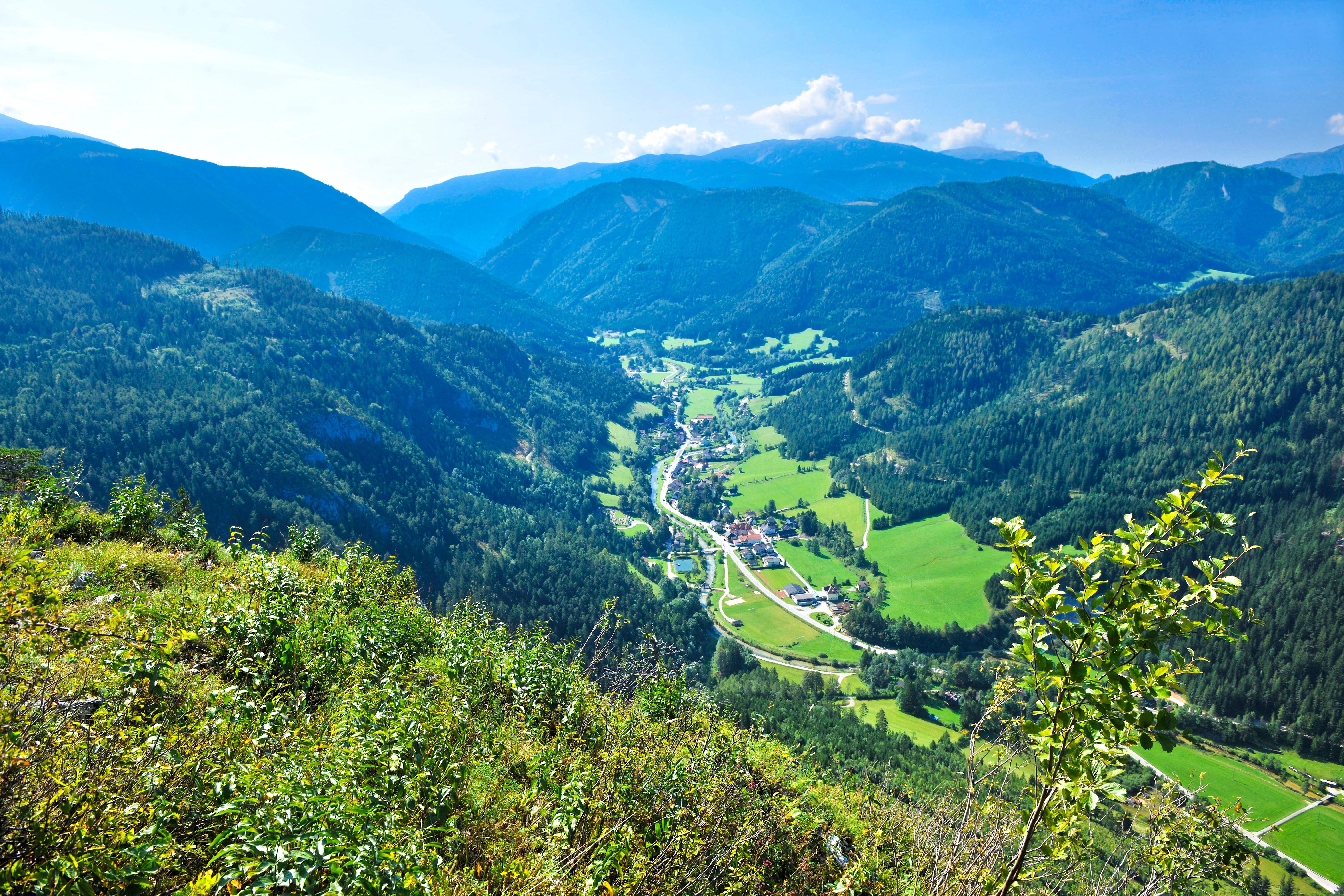 Panoramic view of a green valley with mountains in the background.