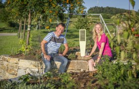 Two people are sitting on a stone wall in a garden with plants and a sign.