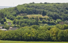 Landscape with hills, trees and houses in the foreground.