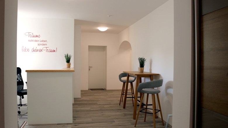Modern interior with bar stools and plants on a table.