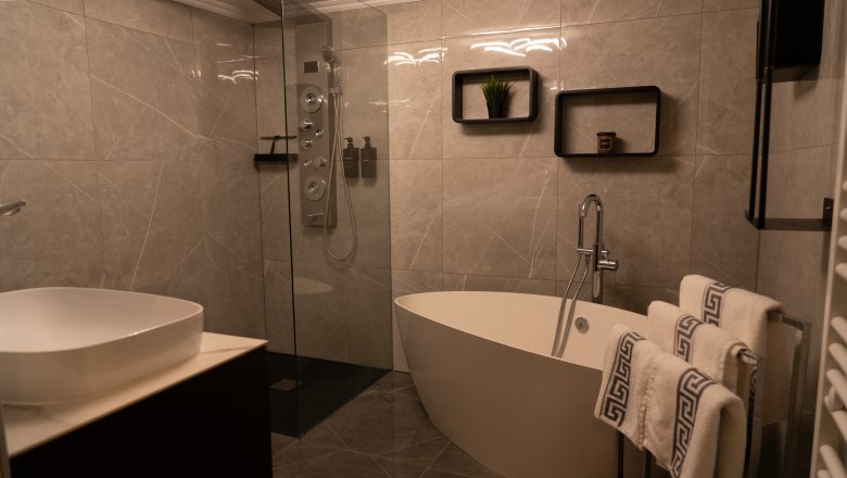 Modern bathroom with free-standing bathtub, glass shower and towels on a rack.