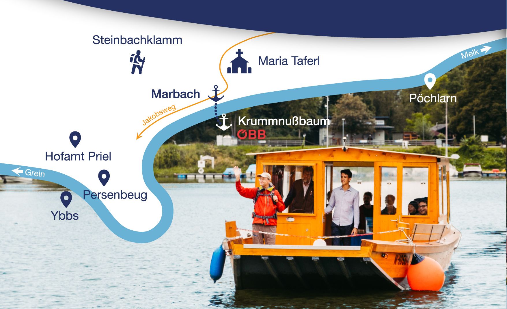 A barge on a river with an overview map of the surroundings.