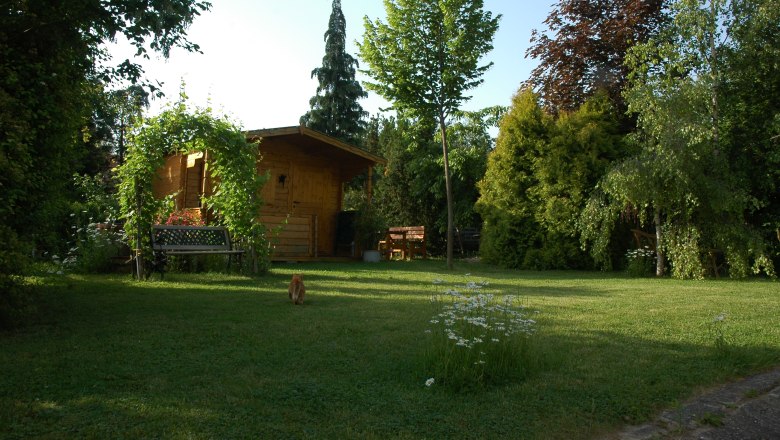 A quiet garden with a wooden hut, trees and a bench. A cat runs across the lawn.