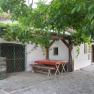 A traditional wine cellar with a wooden table and wine barrel, surrounded by green leaves.