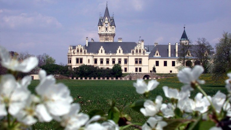 Grafenegg Castle with blossoming trees in the foreground.