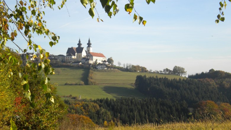 Landscape with Maria Taferl church on a hill, surrounded by trees and meadows.