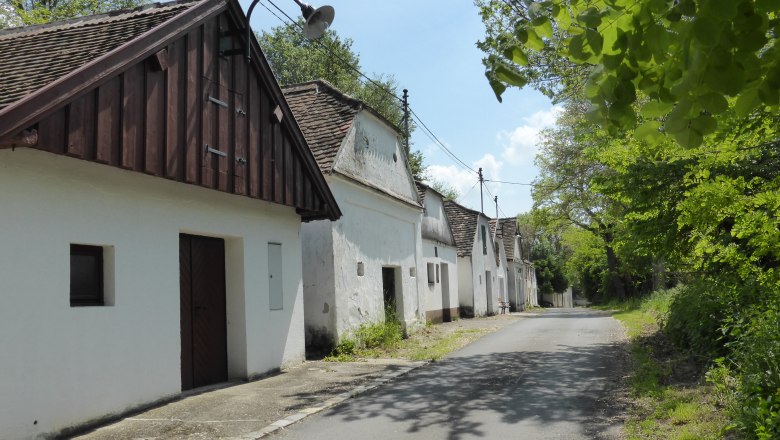 Row of traditional white houses along a quiet street, surrounded by trees and green foliage.