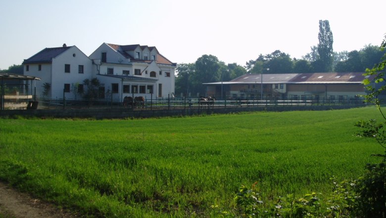 Rear view of a large white house with adjoining stable and green meadow in the foreground.