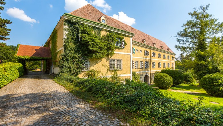 A historic castle with a yellow façade, overgrown with ivy, surrounded by a well-tended garden and paved path.