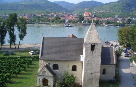 St. Lawrence church with river and village in the background.