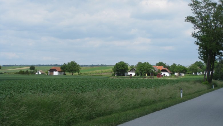 Rural landscape with fields, trees and houses under a cloudy sky.