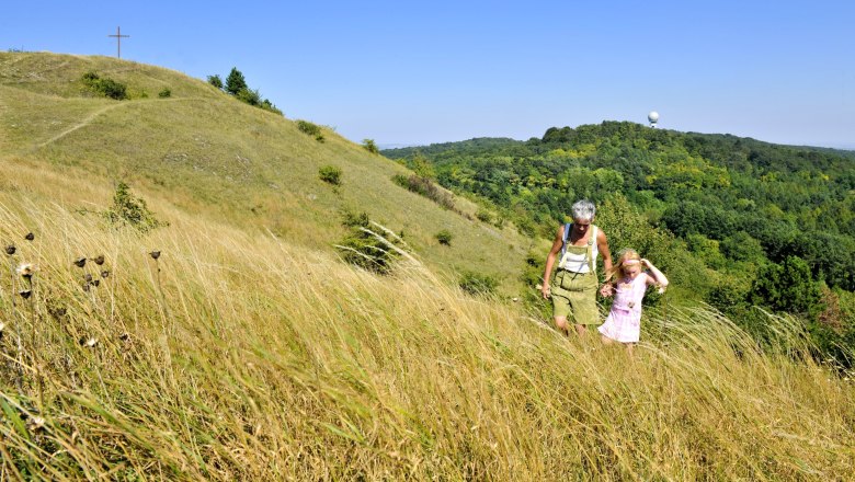A person and a child are walking through tall grass on a hill with a cross in the background.
