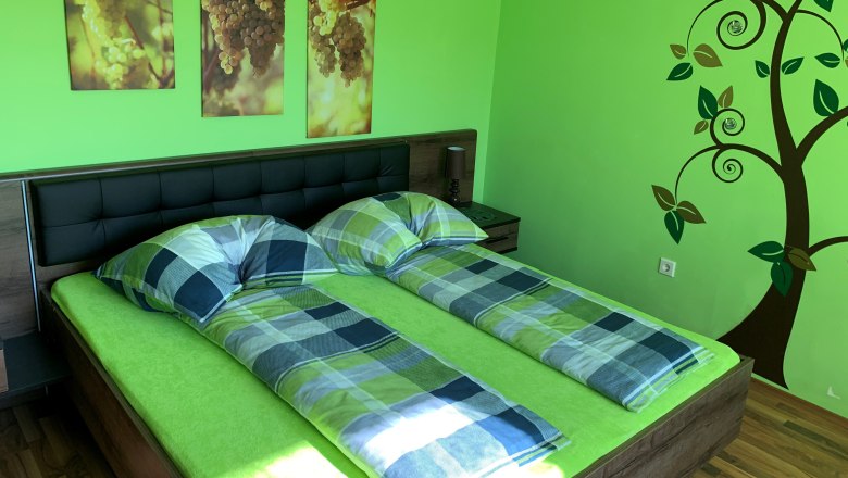 Bedroom with green theme, double bed, murals of grapes and tree decoration.