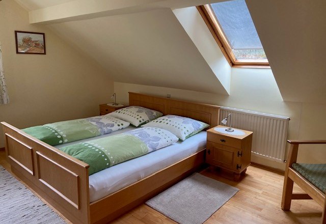 Cozy double room with skylight, wooden bed and bedside table.