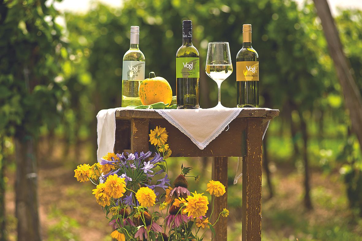 Three bottles of wine and a glass on a table in the vineyard.