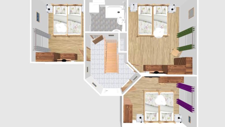 3D floor plan of an apartment with three bedrooms, bathroom and staircase.