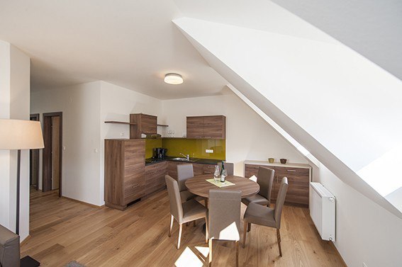 Modern apartment with wooden floor, dining table and kitchenette.